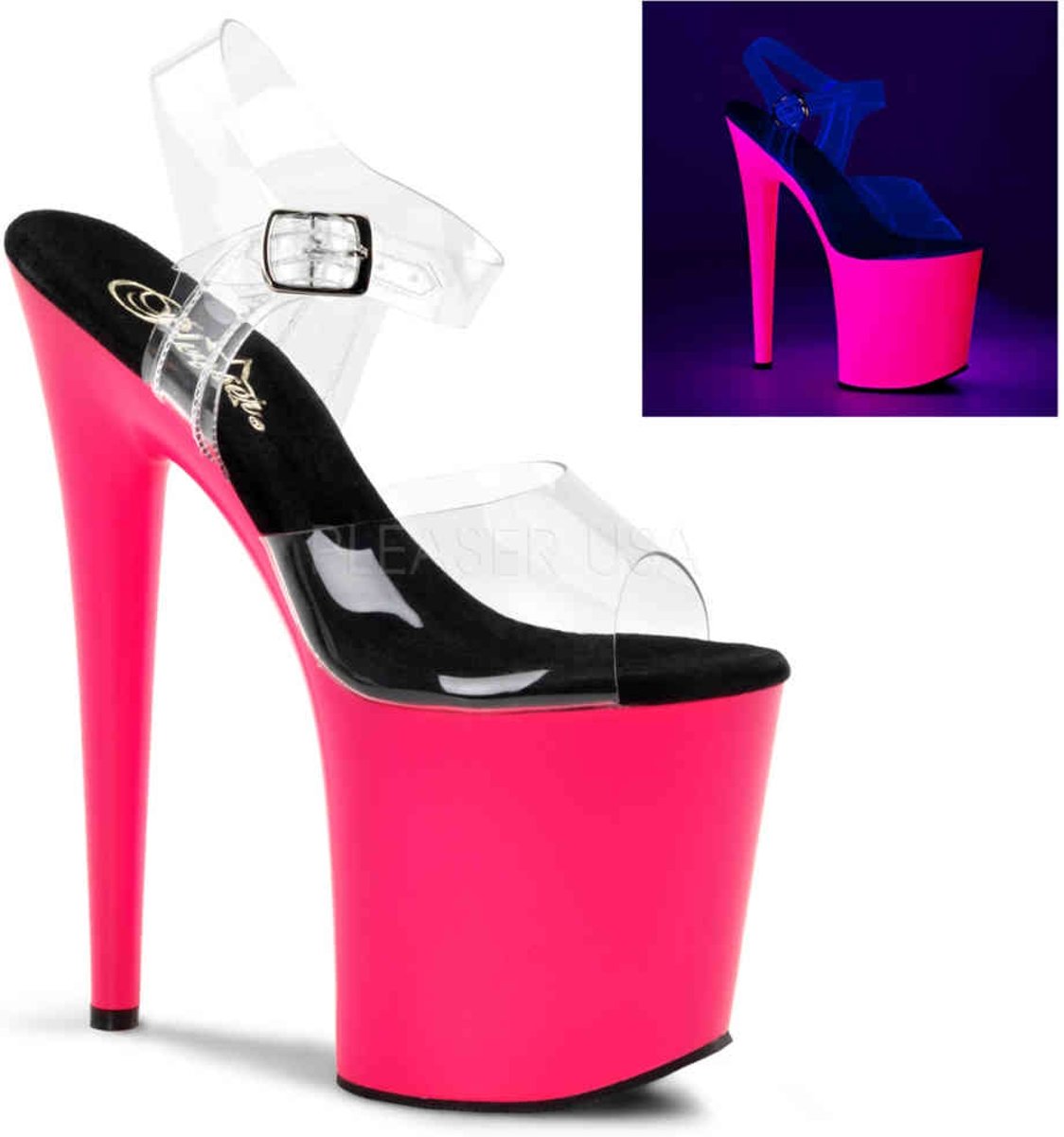 EU 35 = US 5 | FLAMINGO-808UV | 8 Heel, 4 PF Ankle Strap Sandal w/Neon UV Reactive BTM